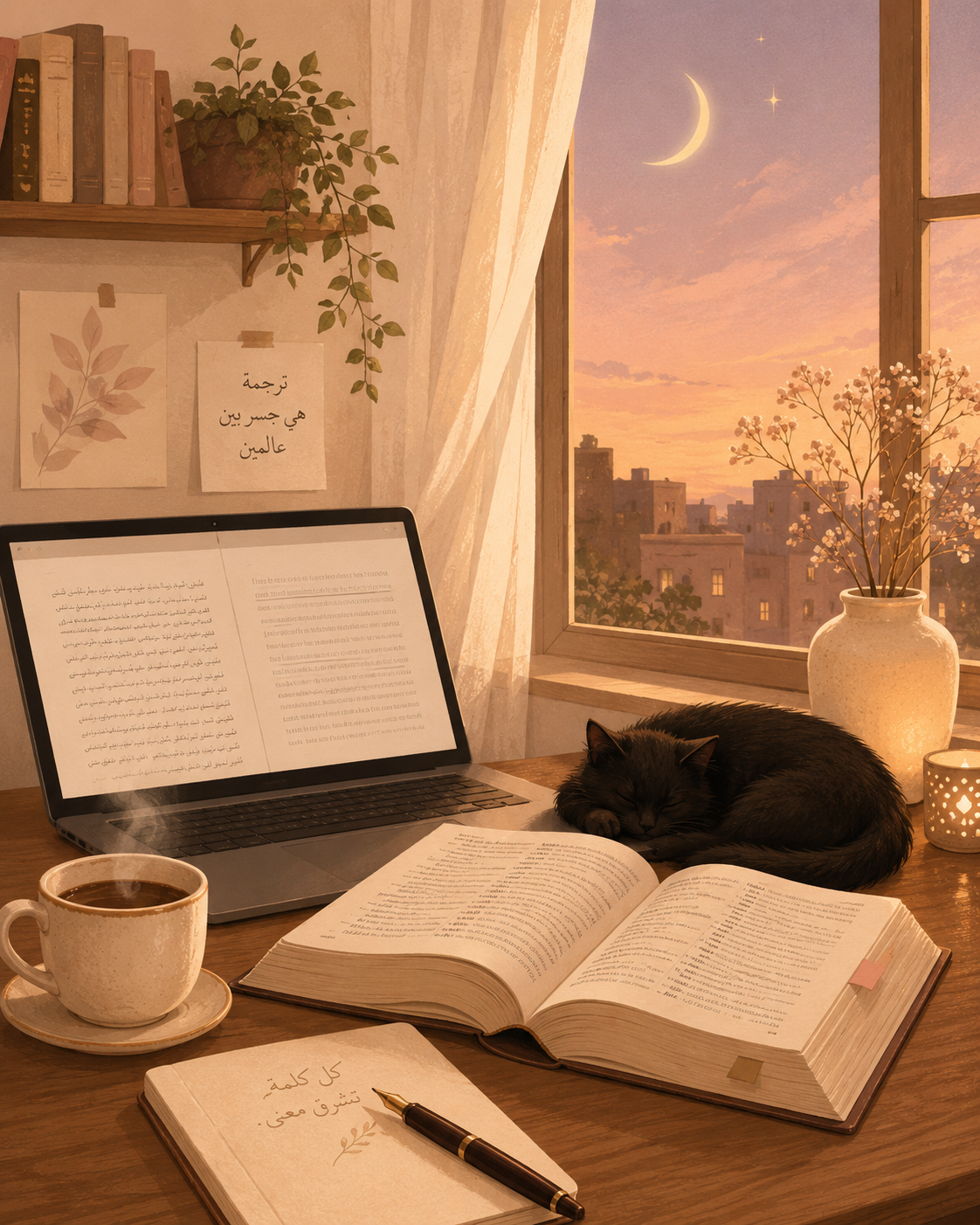 A warm study desk at sunset, with an open dictionary, a laptop, and a cat asleep by the window